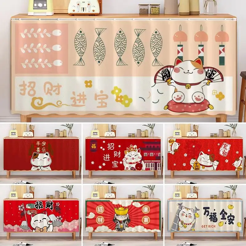 VIKAMA Lucky Cat Print Long Kitchen Cupboard Curtain For Under Sink Door Cover Easy Install Soft Washable Home Decor