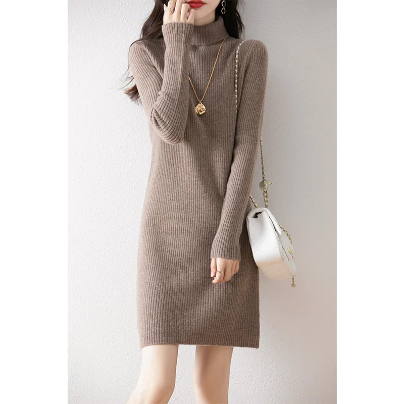 100% merino wool women's knitted dress, casual, fashionable, high collar, mid-length 2024 autumn and winter new style