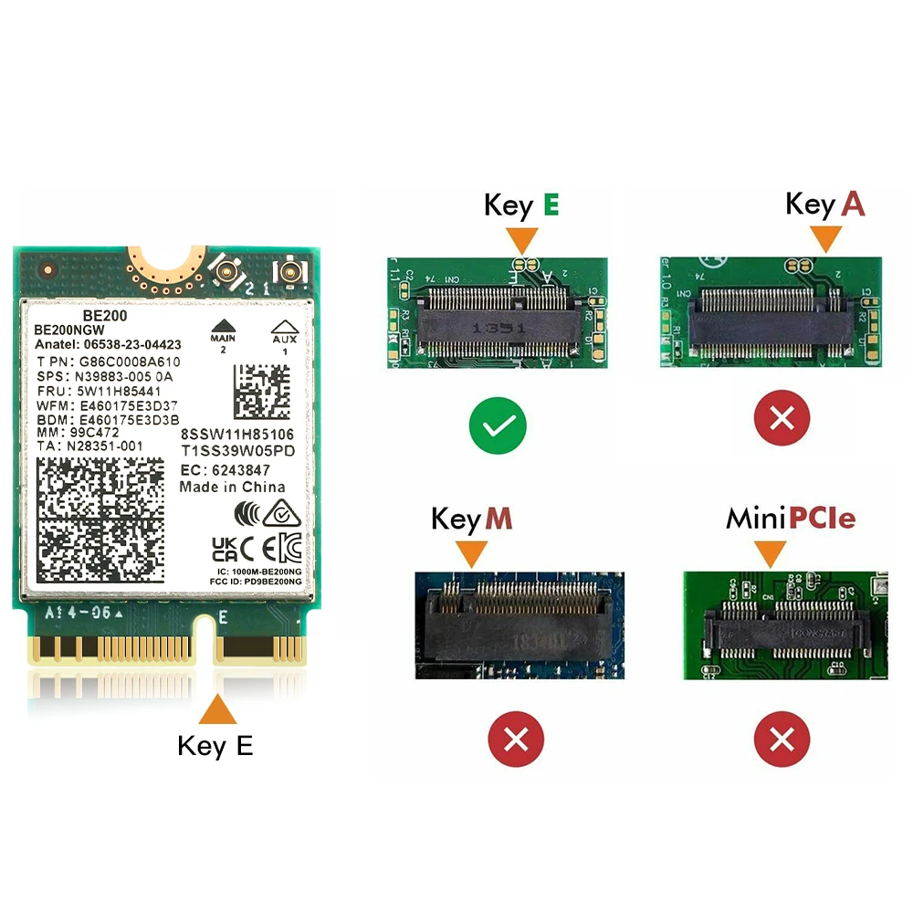 WiFi 7 BE200 kartu Wifi nirkabel Bluetooth 5.4, adaptor jaringan nirkabel Tri Band 2.4G/5G/6GHz 5.8 Gbps M.2 NGFF untuk Win10/11