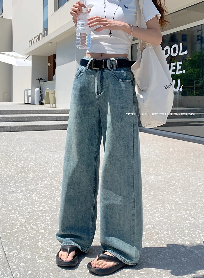 

Slergiri Oversize washed wide-leg jeans for women summer loose high waist korean fashion vintage denim trousers without belt