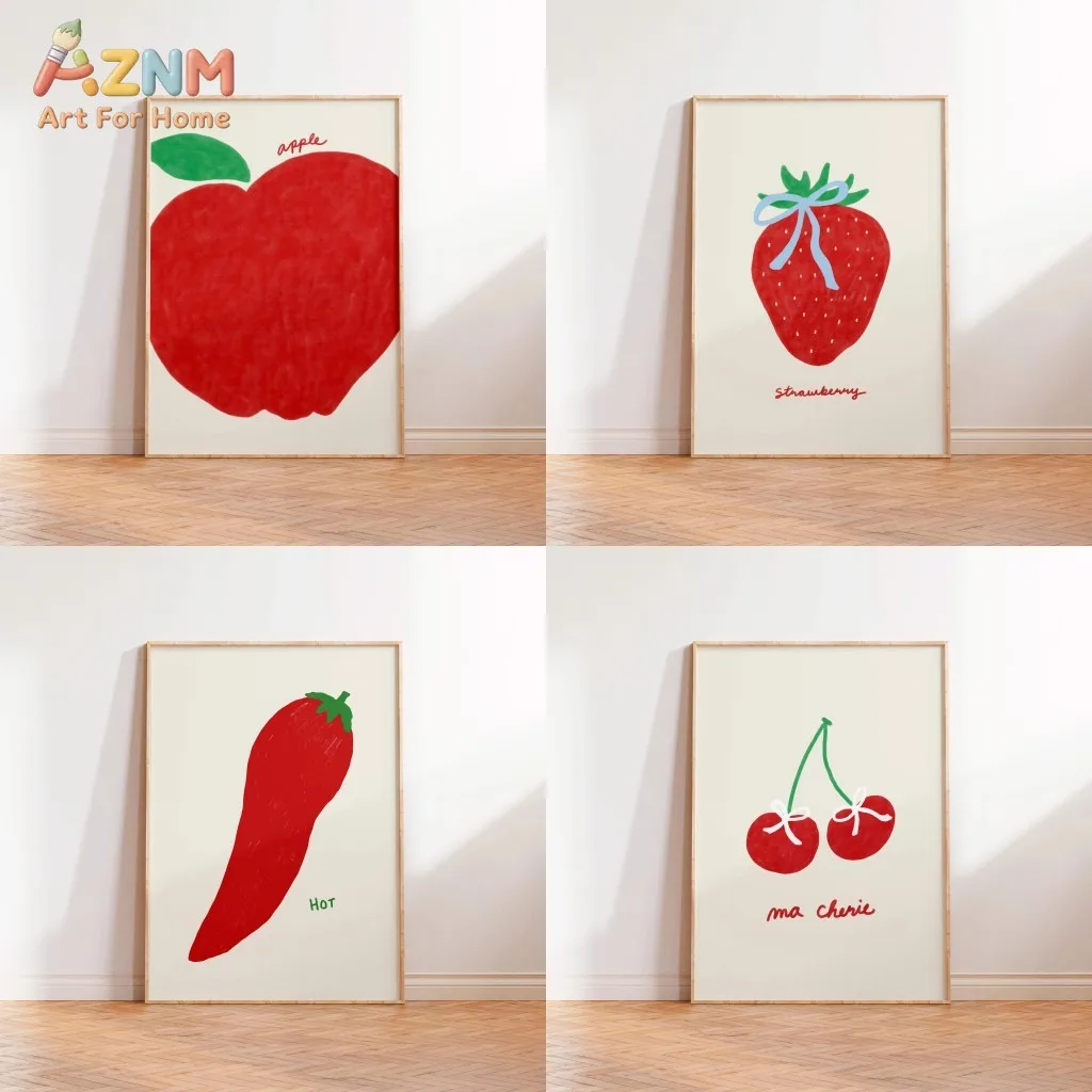 AZNM Cute Red Fruit Vegetable Canvas Poster Frameless Wall Art Simple Hand Drawn Apple Strawberry Cherry Chili Print For Kitchen