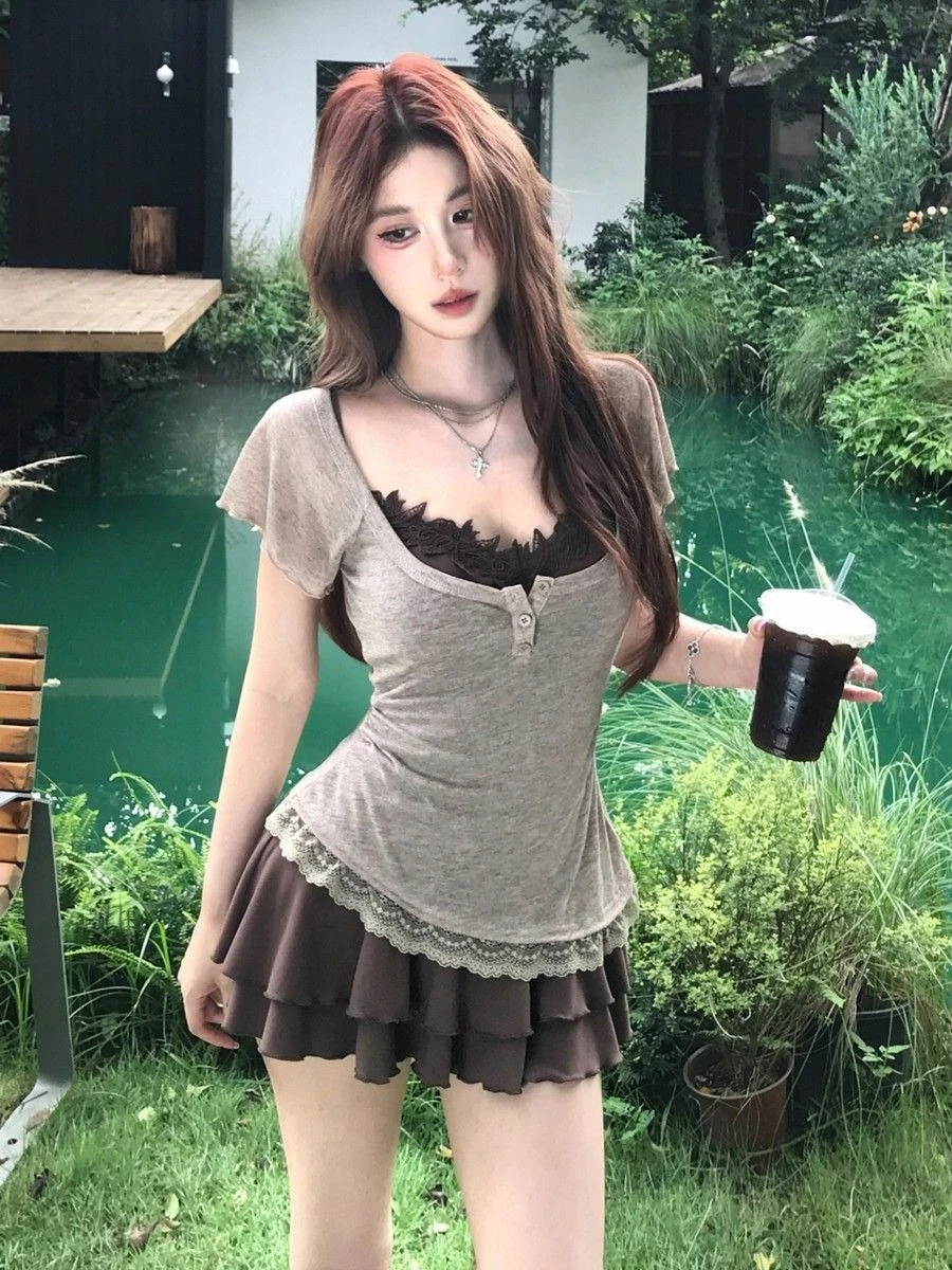 Lolita Style Japanese Sweet 2 Piece Set Woman Casual Slim Tops High Waist Elegant Y2k Mini Dress Fashion Set Chic - view 3