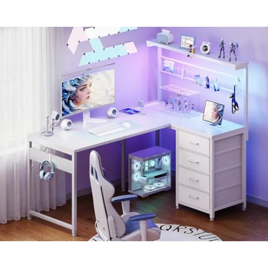 43 L Shaped Gaming Desk with Shelf 4 Drawers for home office use, engineered wood in black, scratch-resistant surface and ample
