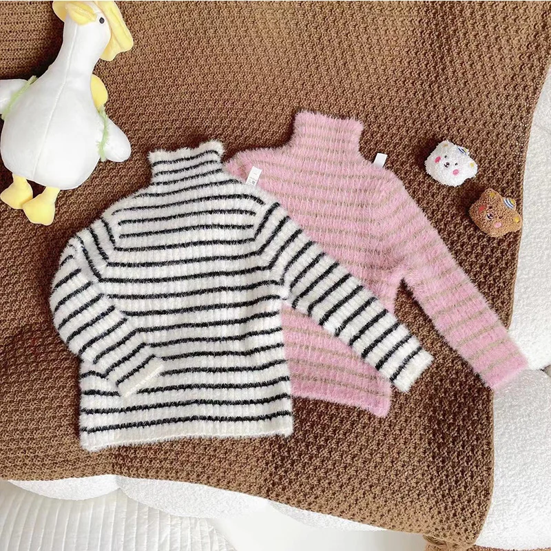 

Korean Dongdaemun Autumn Baby Tops Half High Collar Pullover Thickened Sweaters Stripe Knitwear Clothes Girls From 2 To 7 Years