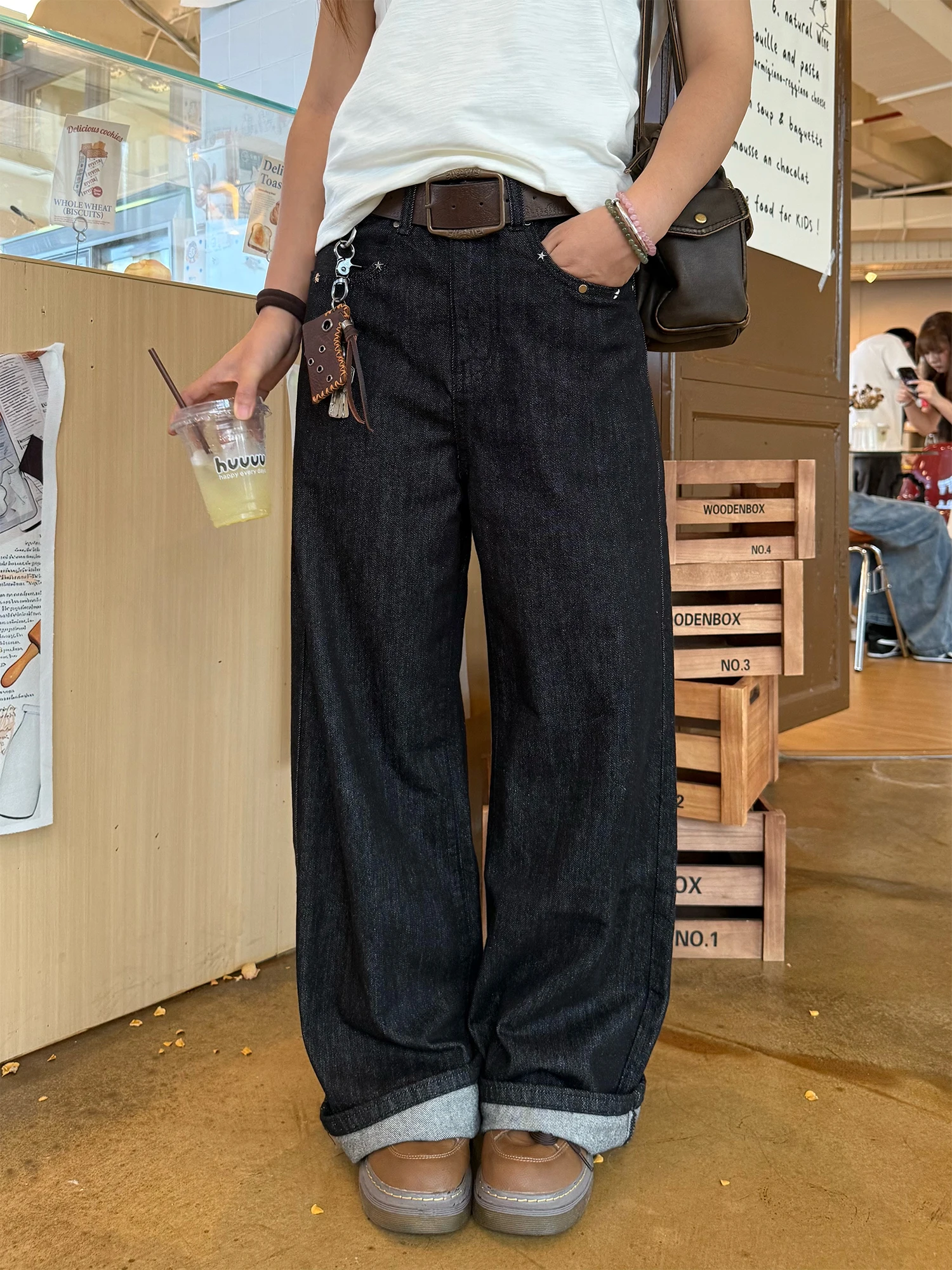 

Don Cry Американский дизайн Sense Rivet Bla Denim Джинсы оригинального цвета Свободные прямые джинсы для мужчин Повседневная уличная одежда