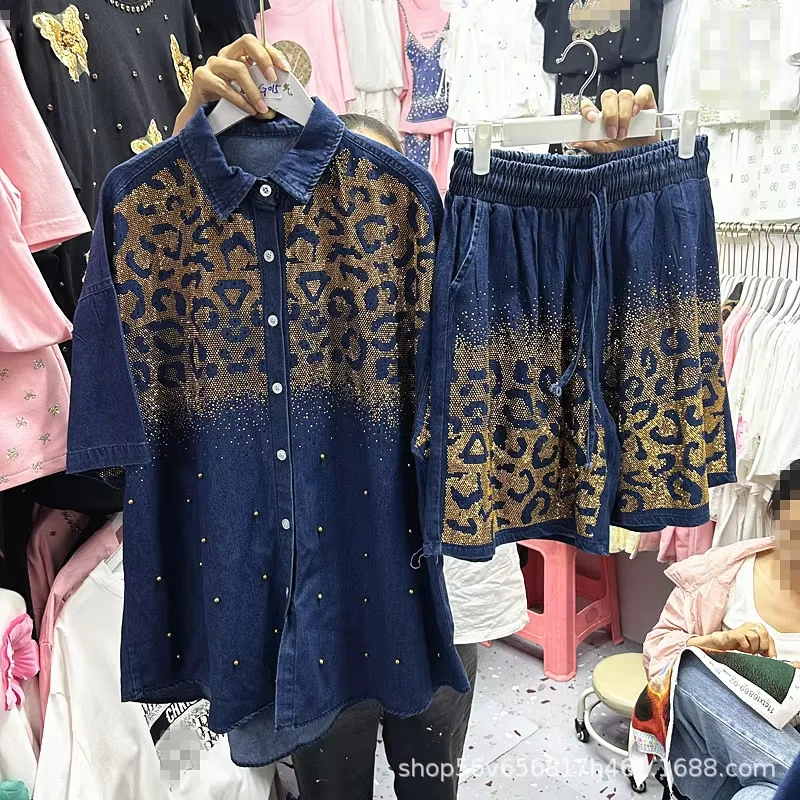 

Модные женские джинсовые комплекты, золотые леопардовые кардиганы с короткими рукавами и бриллиантами, рубашка + свободные прямые шорты с эластичной резинкой на талии, костюмы