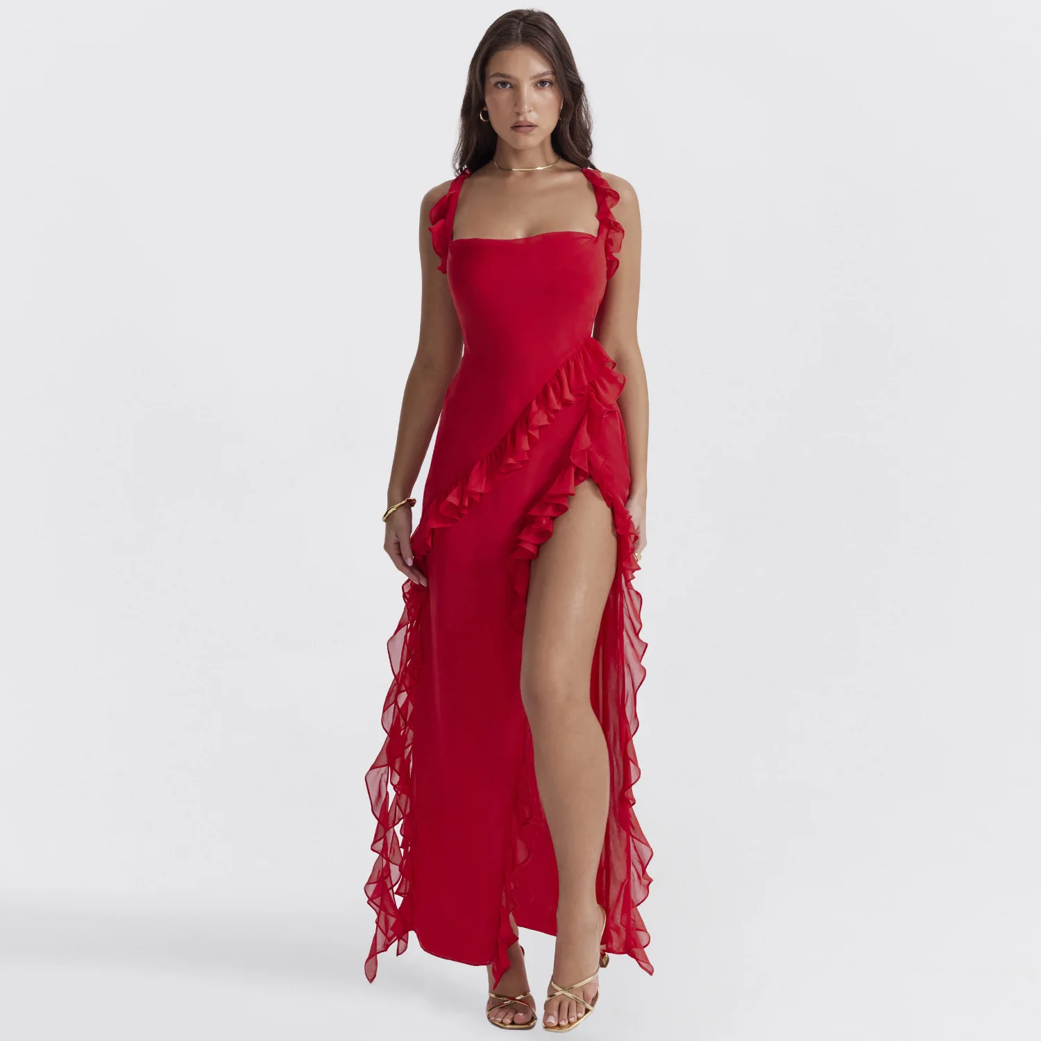 

Elegant Slit Prom Dress Ruffled Hem Summer Evening Dress Sexy Party Club Gowns Fashion Women Clothing Long Dress Robes