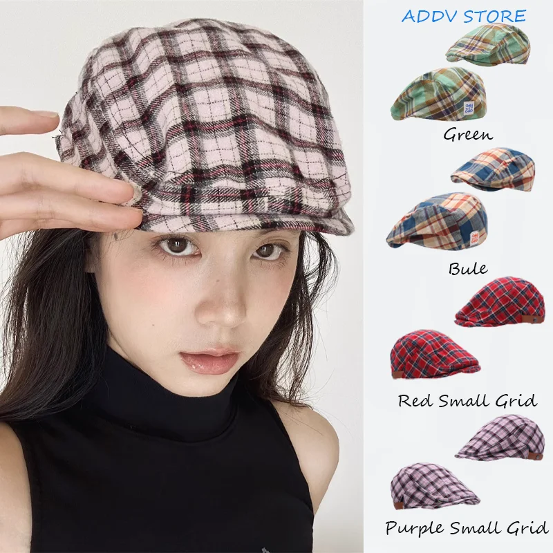 Thin Lattice Contrast Forward Cap Red Retro Beret Man Woman Worn Backwards Letter Label Duck Tongue Hats Cute Beret