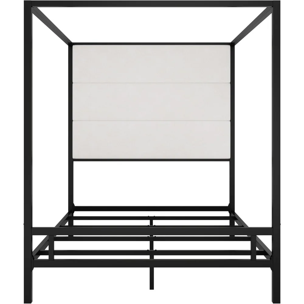 سرير بمظلة بحجم مع لوح رأسي منجد من القماش المخملي الطويل، إطار سرير بمظلة معدني بأربعة ملصقات، منصة مظلة كوين #6