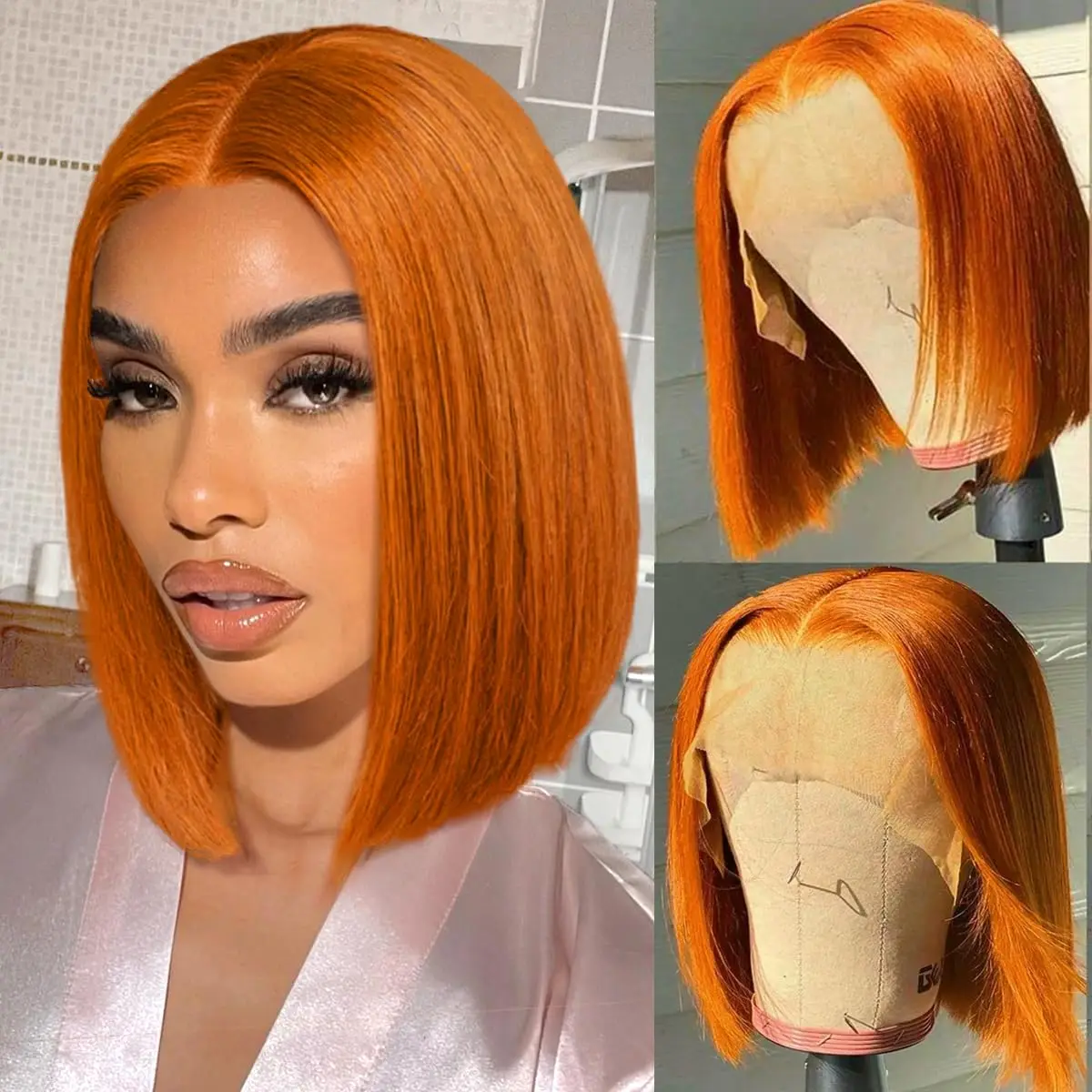 Ginger Orange Straight Bob Wig Human Hair 5x5 Tranparent Lace Front Wig Pre Plucked Short Bob Wig 190% Density For Women