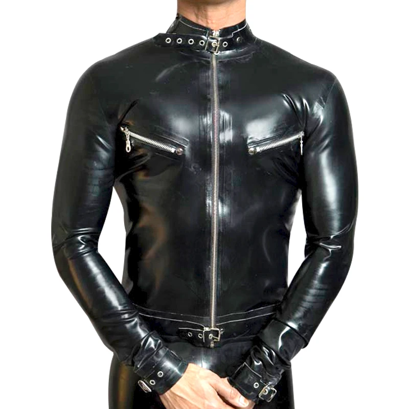 

Black Sexy Latex Jacket With Zipper Breast Zip Belts At Collar Cuffs And Bottoms Rubber Racer Motorcycle Coat YF-0322
