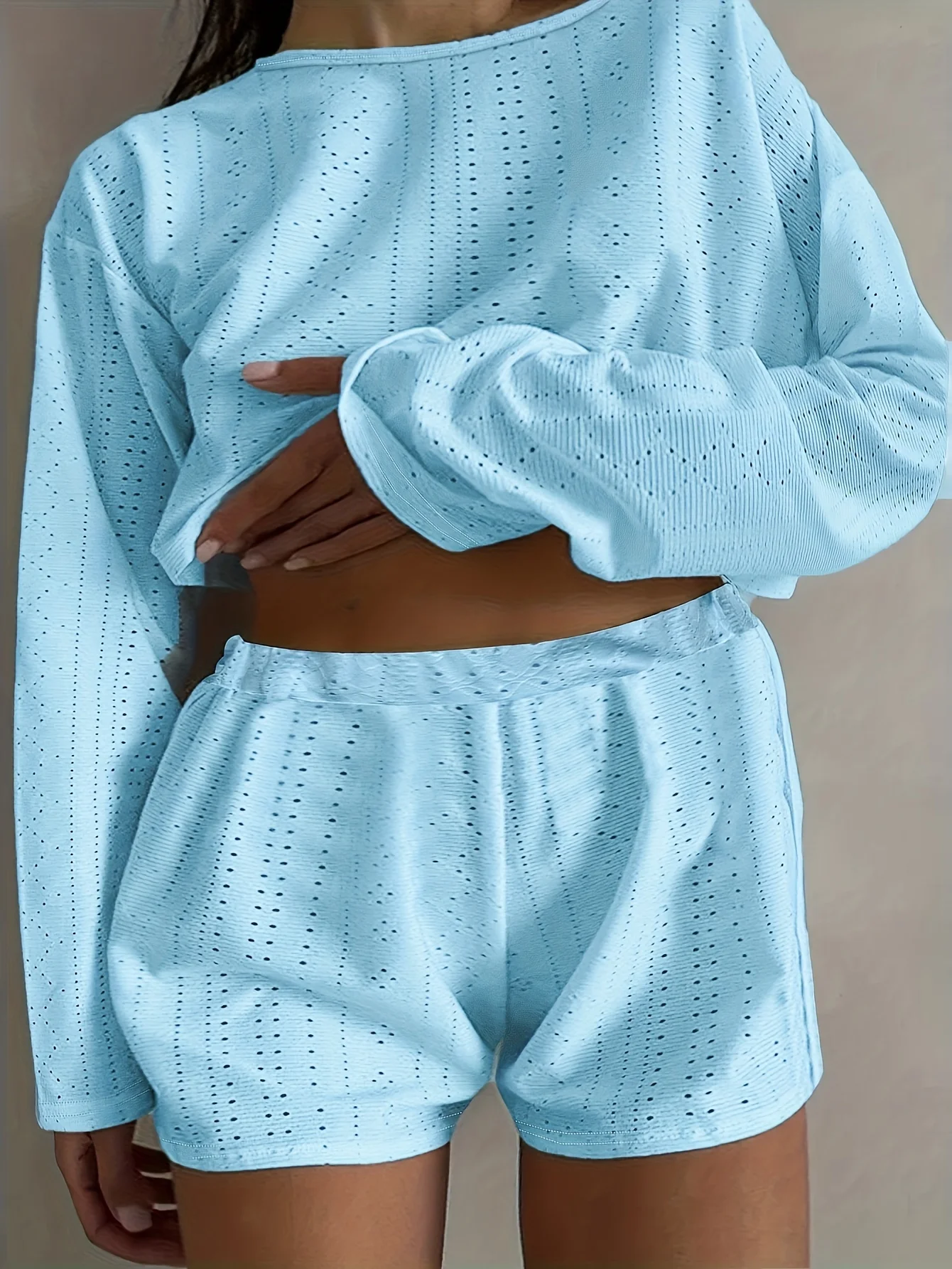 Zestaw szortów plus size z oczkami, top z długim rękawem i szorty, odzież damska plus size