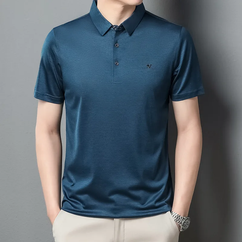 2022 Summer Diamonds Golf Men's Polo Shirts Luxury Mulberry Silk Short Sleeve Male T-shirts Business Solid Color Thin Man Tees