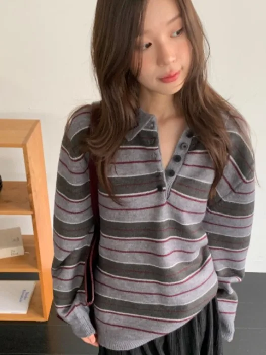 Sweater Rajut Wanita Model Longgar Motif Garis Tebal untuk Musim Gugur dan Musim Dingin, Desain Overhead, Gaya Kasual, Pakaian Rajut Modis