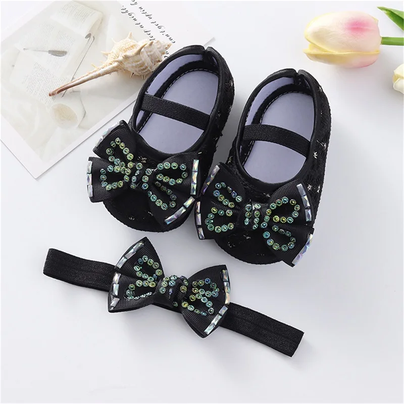 Baby Girls Mary Jane Flats Beaded Bow Princess Shoes Dress Walking Shoes and Headband for Newborn Infant Toddler