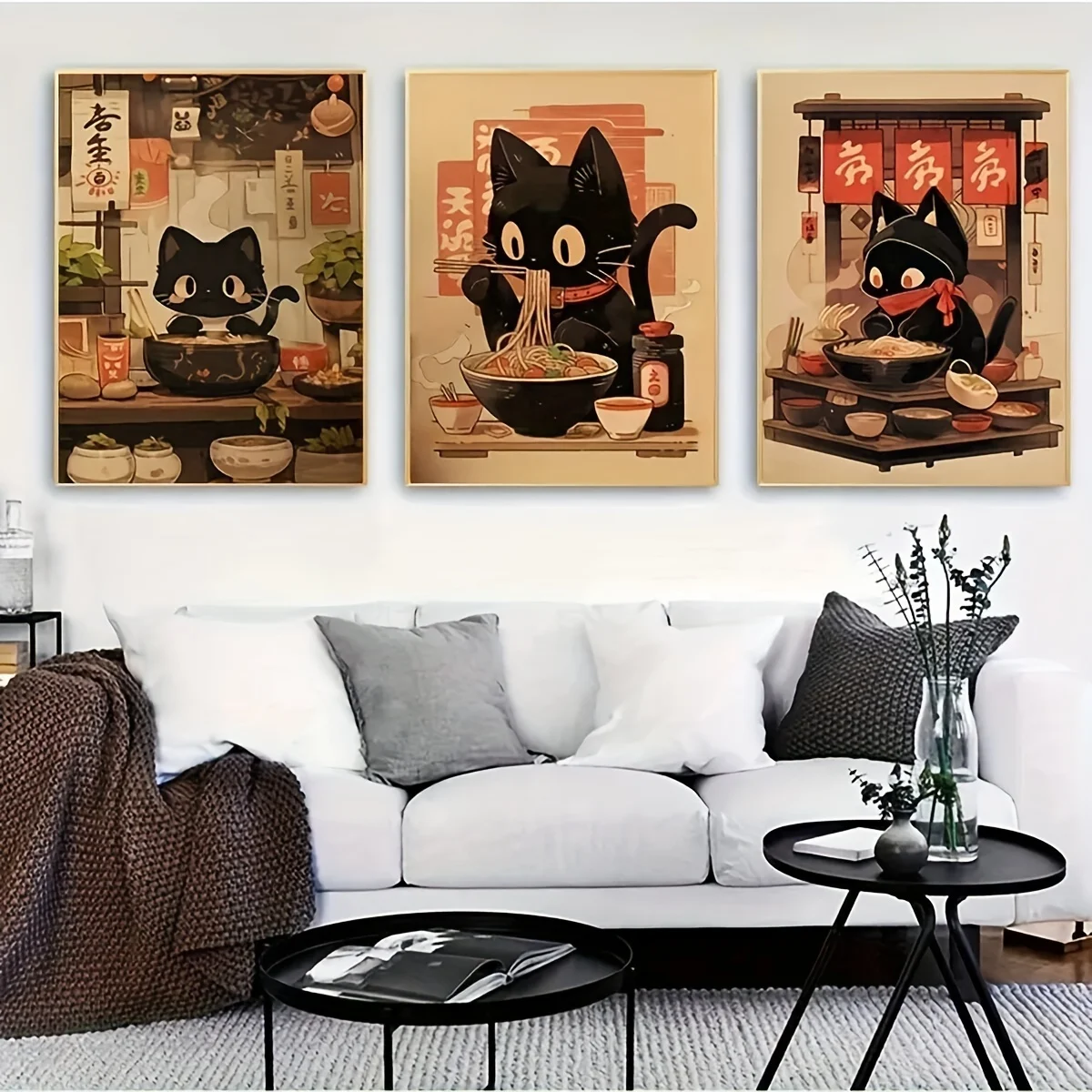 3-teiliges Set Japanische Schwarze Katze Nudeln Essend Leinwanddruck Schwarze Katze Tiermotiv Küchen-Wandkunst Poster für Moderne Kinderzimmer-Heimdekoration