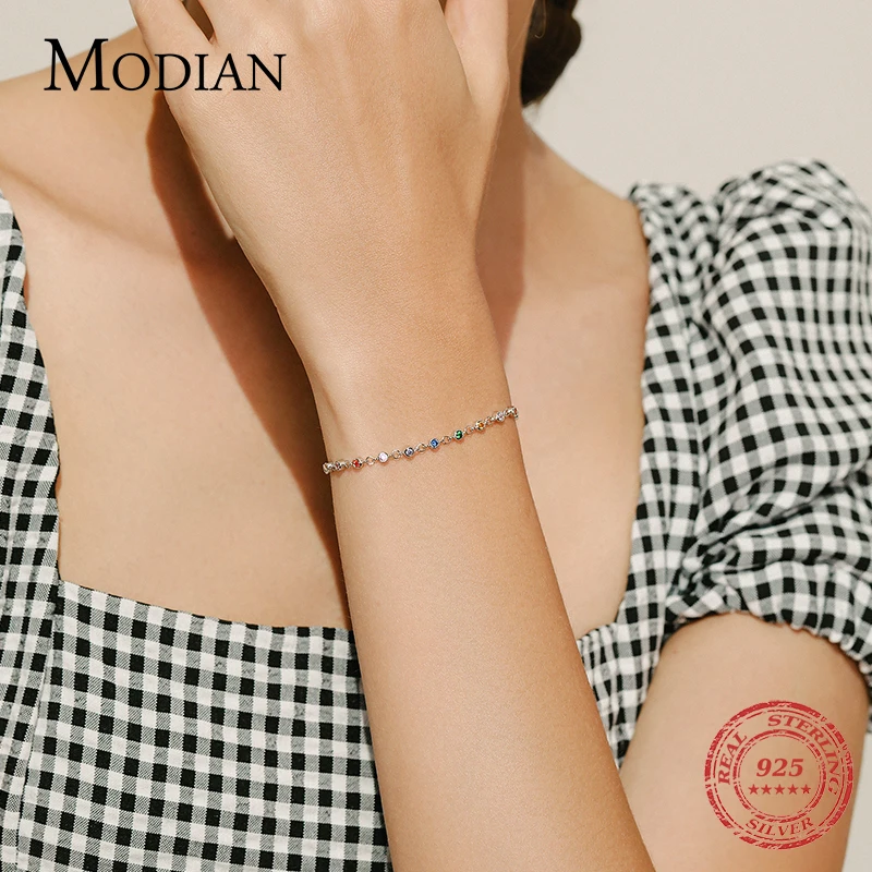 MODIAN โบฮีเมีย Charm Chain สร้อยข้อมือเงินแท้925 Rainbow สี CZ หญิงแฟชั่นเครื่องประดับอุปกรณ์เสริม