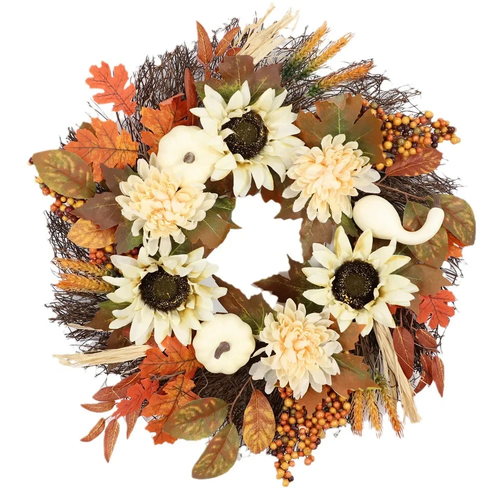 

New Fall Harvest Pumpkin Wreath Upside Down Thanksgiving Teardrop Pendant Sunflower White Pumpkin Maple Leaf Decorative Door Dec