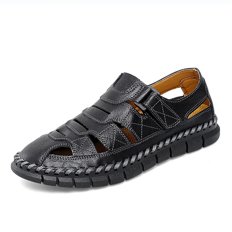 Sandalias de piel auténtica para hombre, zapatos antideslizantes de punta redonda, cómodos y ligeros, a la moda, combina con todo, de diseñador de verano