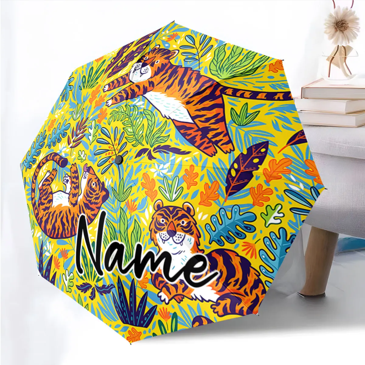 Custom Name Tropical Tiger Print Umbrella Print 8 Iron Ribs Folding Umbrella Auto-Open Fashion Sunshade