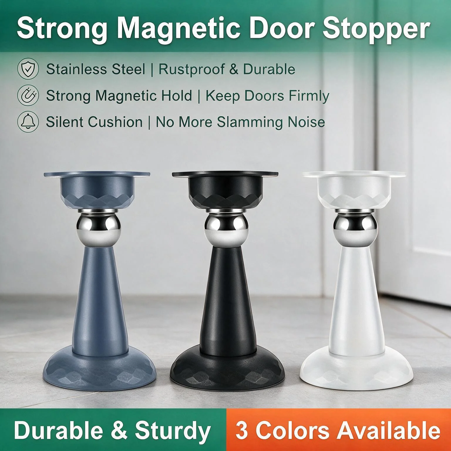 Butée de porte magnétique adhésive, sans perçage, à aspiration silencieuse, anti-collision, en silicone, à fixation au sol, pour usage domestique