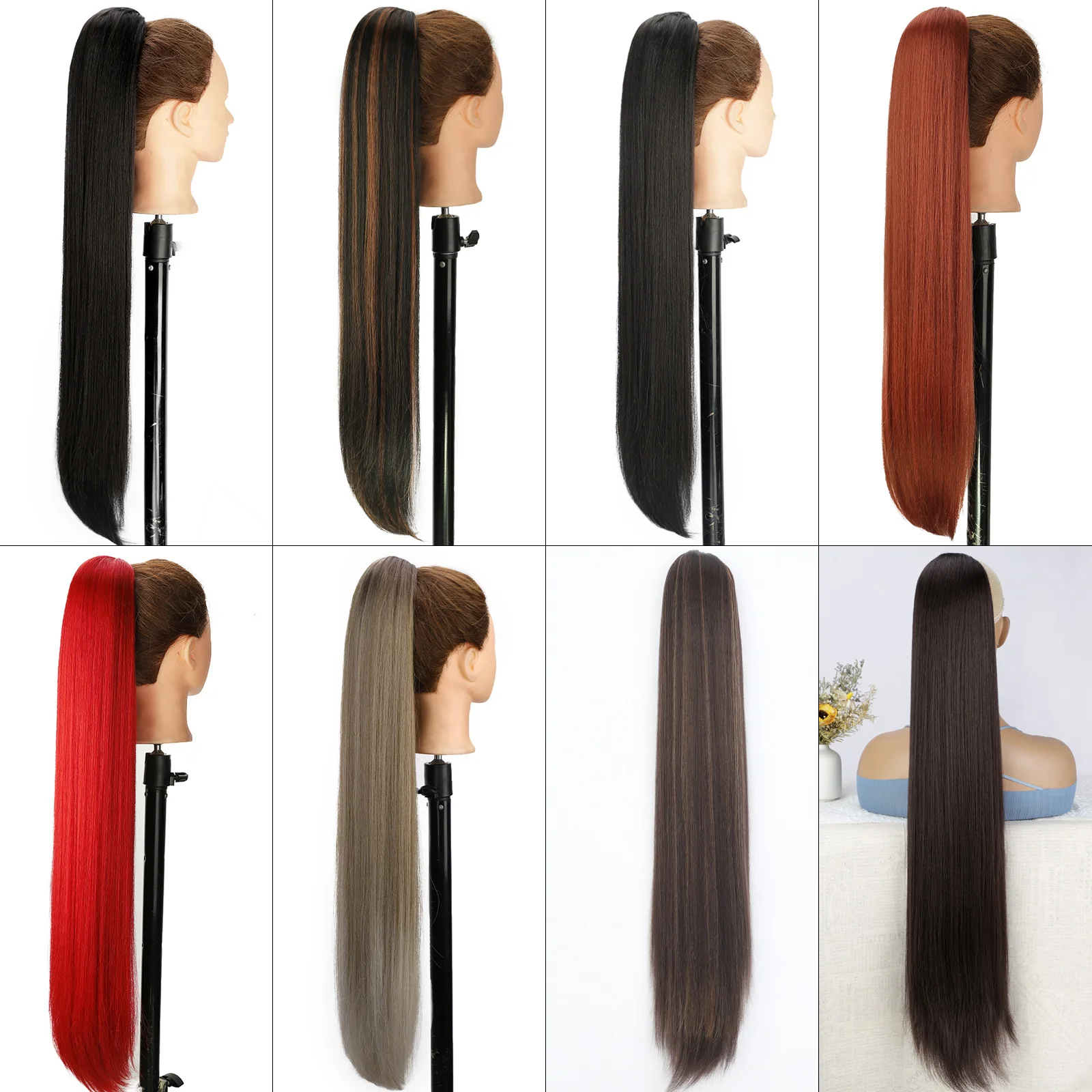 Coda di cavallo dritta sintetica da 30 pollici per donne nere Coulisse Parrucchino lungo Estensioni coda di cavallo Capelli resistenti al calore Coda finta