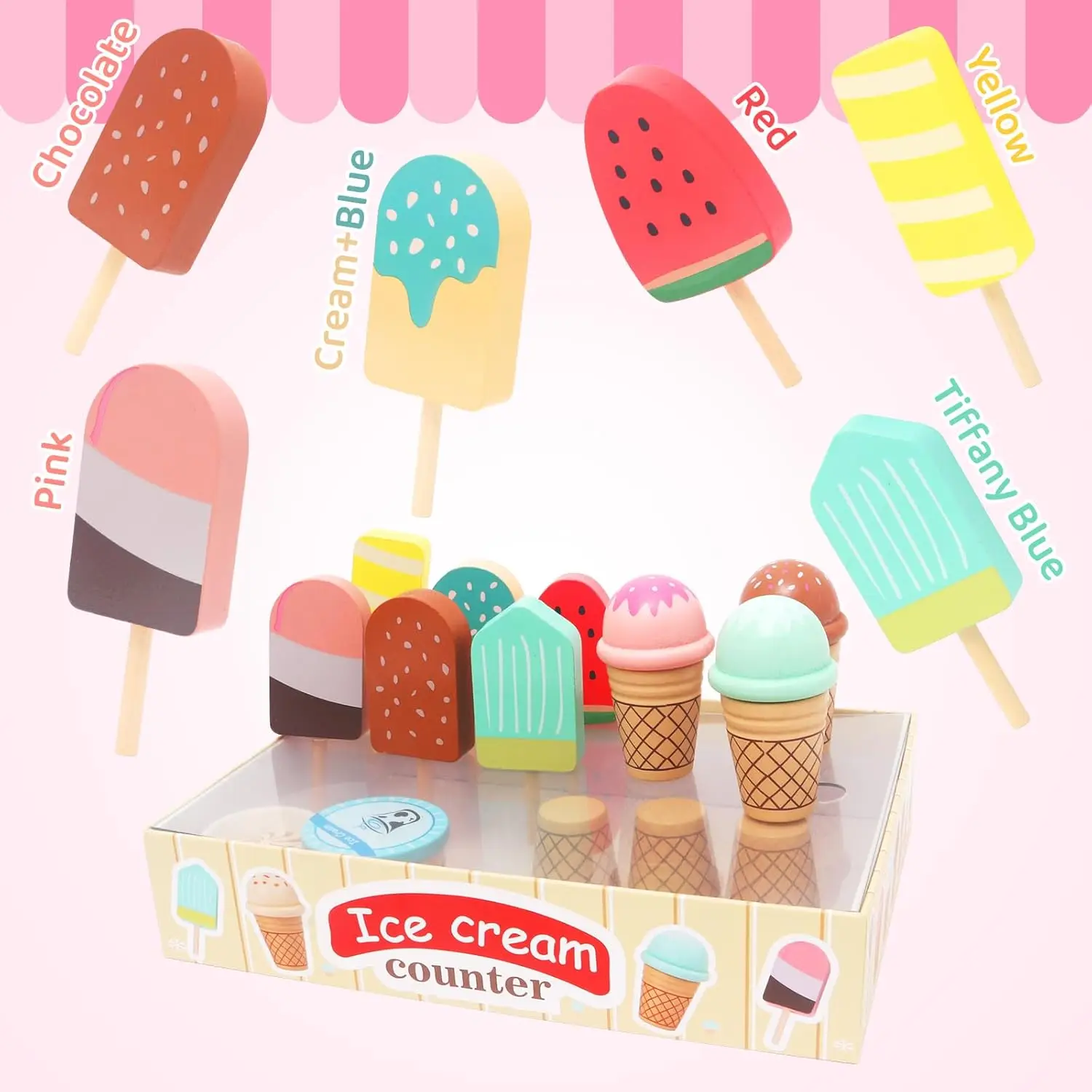 Wooden Ice Cream Toys for Toddler, Play Store Pretend Food Kitchen Accessories with Scoop & Menu & Toy Cash,Christmas Gift