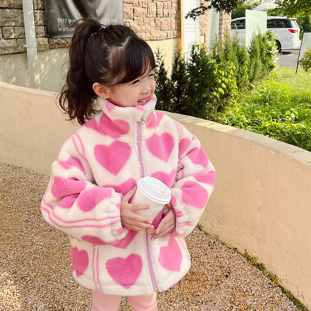 Pink Heart Plush Girls Jacket Fall Winter Woolen Grain Velvet Warm Outerwear Fashion Stand Collar Princess Christmas Coat Kids