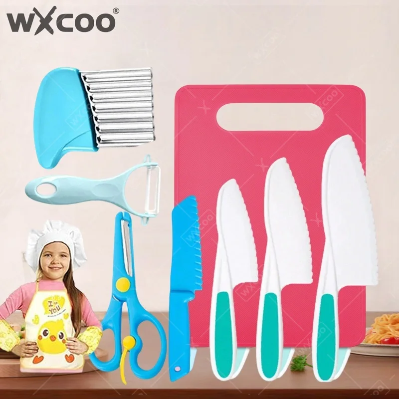 WXCOO 9종 어린이 요리용 칼 세트 플라스틱 과일칼 도마 주방용품 DIY 유아 안전 필러 칼