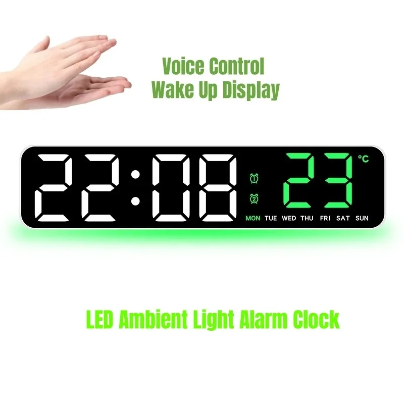 

Voice Control LED Ambient Light Desktop Electronic Alarm Clock LED Mute Clock with Digital Temperature Date Week Timing Function
