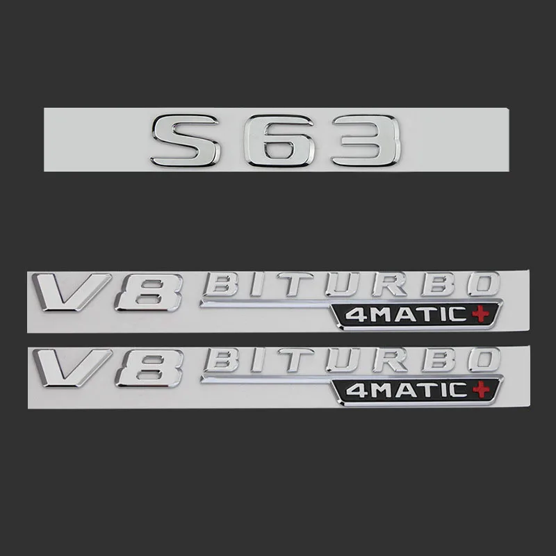 

New 3D ABS Silver S63 S65 V8 V12 BITURBO 4MATIC+ Styling Car Logo Fender Side Emblem Trunk Badge Sticker For Mercedes Benz