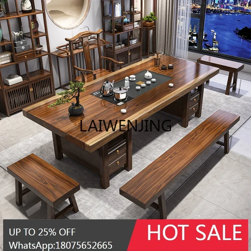 large board solid wood tea table and chair combination, one table and five chairs, new Chinese log simple tea table