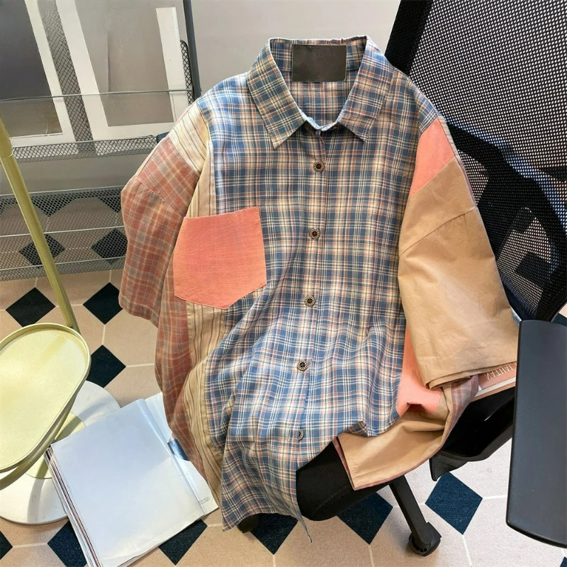

Fashion Plaid Contrasting Color Splicing Short-sleeved Shirt Men's Summer Loose Trendy Casual Versatile Handsome Top Temperament
