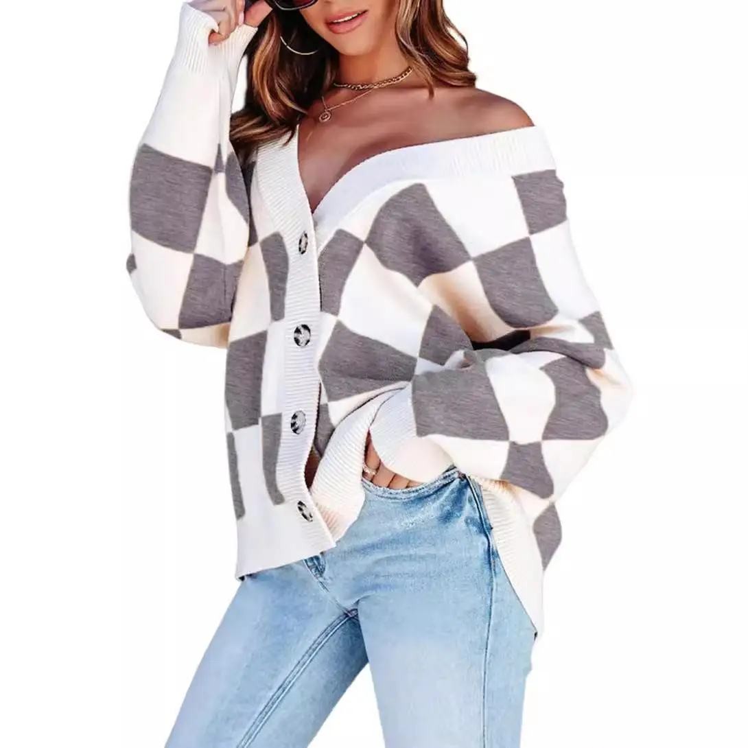 

Women's Long Sve Knitted Cardigan Cheerboard Collar Striped Pattern Open Front Sweater Autumn Faion Ladies' Knitwear