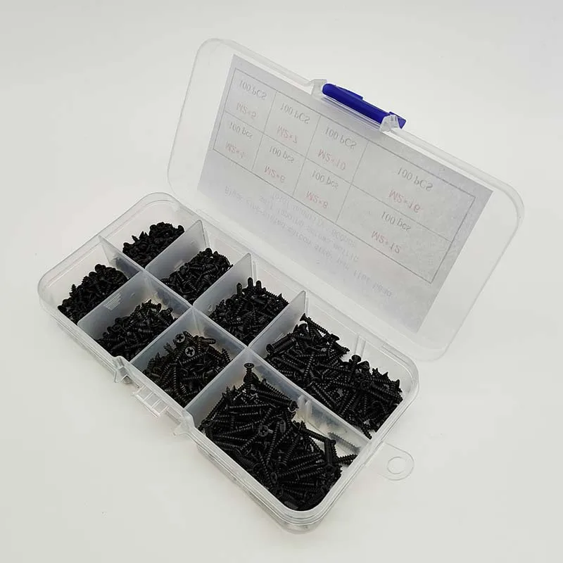 Kit assortimento di viti autofilettanti Phillips nere M2 da 800 pezzi, viti di bloccaggio e viti per legno