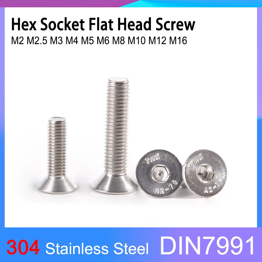 

DIN7991 A2-70 304 Stainless Steel Hexagon Hex Socket Flat Countersunk Head Screw Allen Bolt M2 M2.5 M3 M4 M5 M6 M8 M10 M12 M16