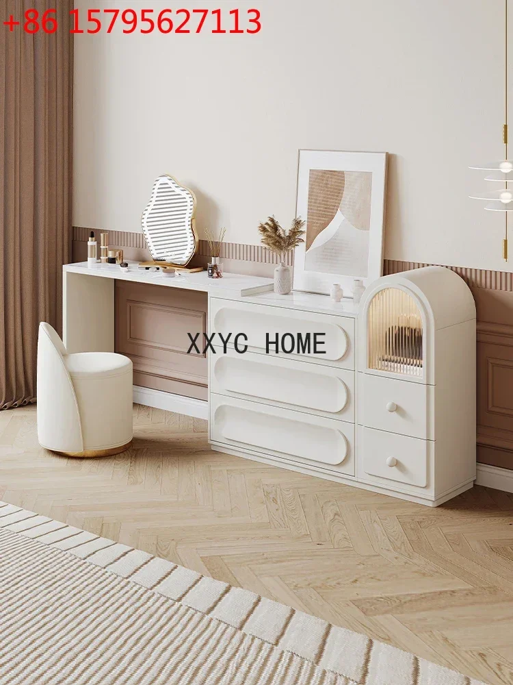 Cream Style Bedroom Chest of Drawers Dresser Retractable TV Cabinet Makeup Storage Cabinet Desk Combination