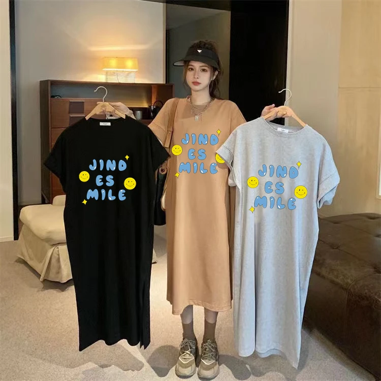Verão novo estilo coreano moda plus size feminino split impressão camiseta vestido longo abaixo do joelho vestido das meninas