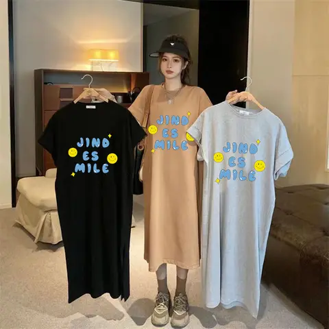 플러스 사이즈 여성용 스플릿 프린팅 티셔츠, 긴 원피스, 무릎 아래 원피스, 한국 스타일 패션, 여름 신상