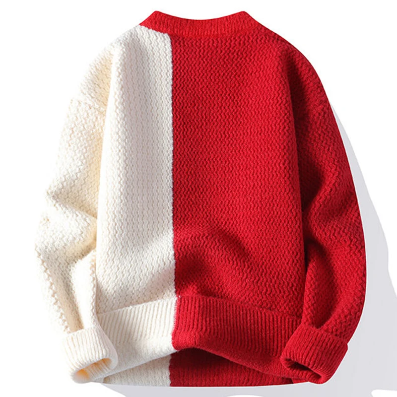 Suéter de punto de bloque de Color Retro para hombre, cuello redondo, ajuste holgado, costuras decorativas, Jersey informal para hombre, prendas de punto