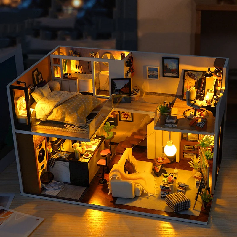DIY Wooden Modern Loft Cottage Figurines Miniatures Kits Mini Sweet Home Casa for Friends Birthday Gifts Home Decor Crafts
