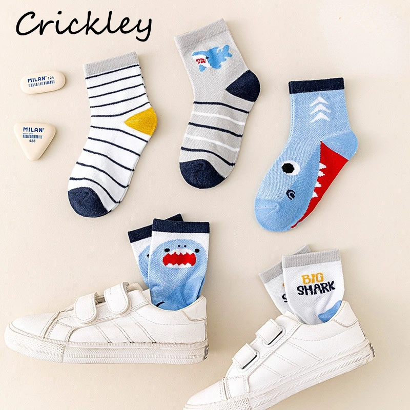 5Pairs/lot Cartoon Shark Children\'s Cotton Socks Spring Summer Mesh Boys Socks Soft Thin Breathable Kids Short Sock 1-13T