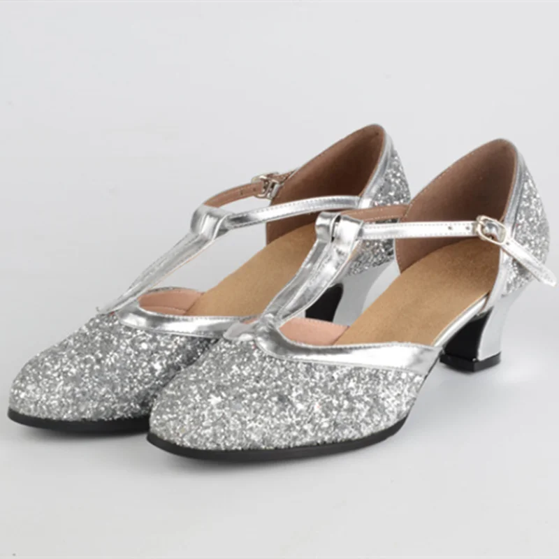 Modern Dance Shoes Women Ladies Sequin Glitter Closed Toe Tango Shoes T Strap Standard Waltz Ballroom Dancing Shoes Low Heels