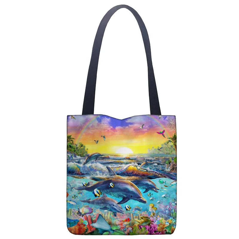 Tote Bags Ocean Dolphin Print Fabric Eco Handbag High Capacity Shopping Office Reusable Casual Shoulder Bag