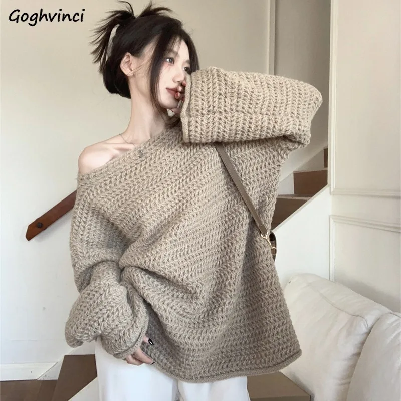 Oversize Pullovers Women Tops Vintage Slouchy Slash Neck Loose Chic Popular Preppy Fall Winter Knitted Hollow Off Shoulder Mujer