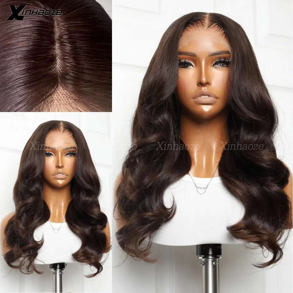 Dark Brown 5x5 Silk Top Transparent Lace Body Wave Brazilian Wave Human Hair 360 Lace Frontal Wigs Pre Plucked For Women