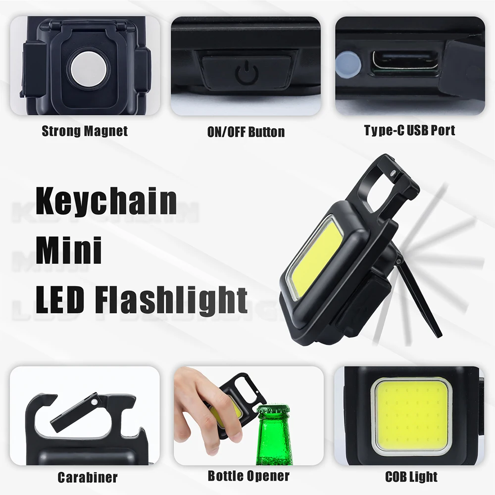 500mAh Mini LED Flashlight Multifunctional Work Light Portable Pocket Flashlight Keychains USB Rechargeable Camping Flash Light