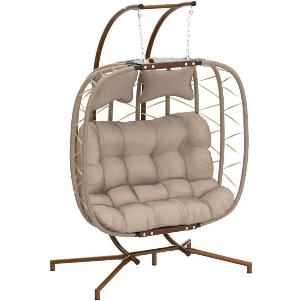 Double Swing Egg Chair with Stand, 2 Person Indoor Outdoor Patio Twins Basket Hanging Chair with Beige Cushions, Egg Chair