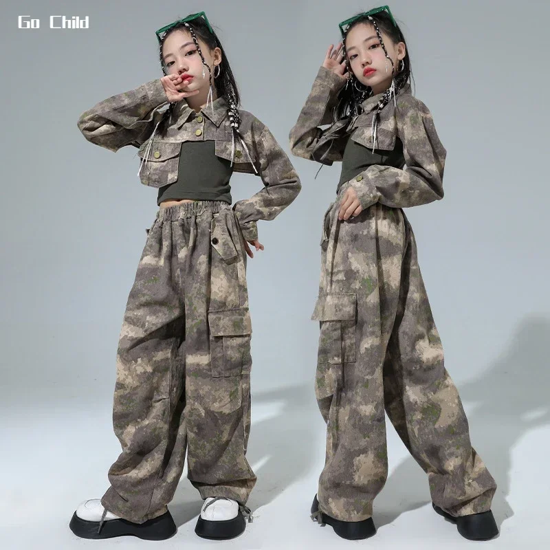 Girls Hip Hop Camouflage Cropped Jacket Cargo Pants Street Dance Clothes Set Kids Jazz Military Joggers Costume Child Streetwear