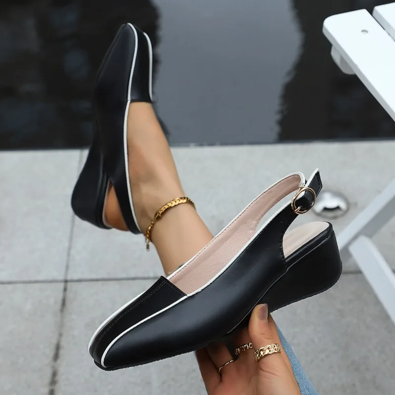 New High Quality Women's Low Cut Chunky Heel Square Toe Sandals Trendy Retro Slope Heel Sandals Mid Heels Women Casual Shoes